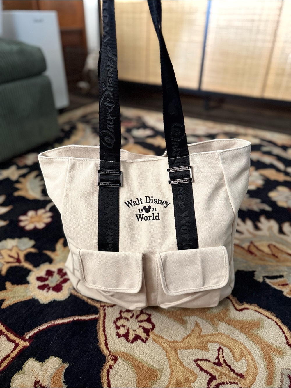 Disney World 1971Cream Canvas Tote Bag with Black Straps